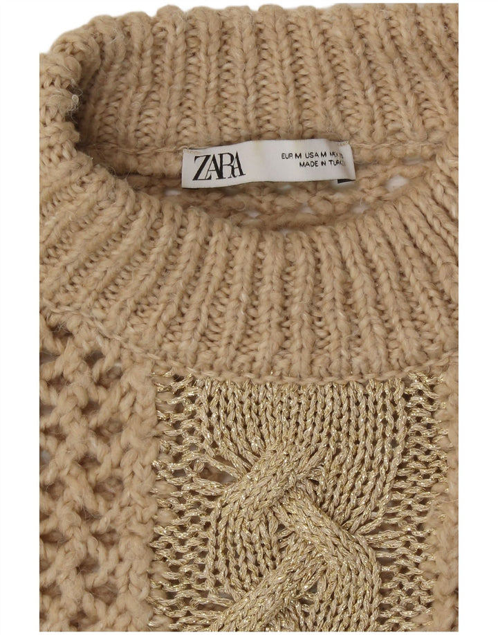 Sweter damski Zara na szydełku z golfem UK 14 średni beż