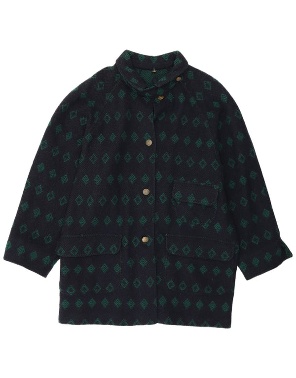 Vintage Womens Loose Fit Overcoat IT 42 Medium Navy Blue Argyle/Diamond