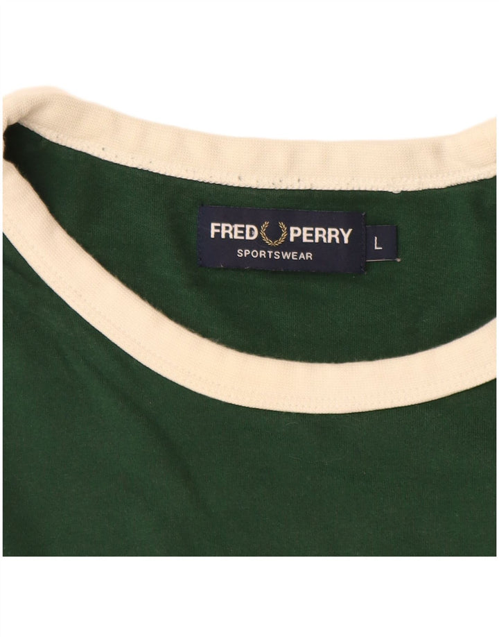 FRED PERRY Męski T-shirt z grafiką, duży, zielony, bawełniany w bloki kolorów