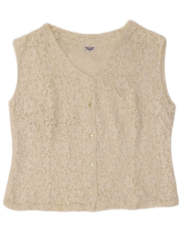 Damska bluzka koszulowa bez rękawów w stylu VINTAGE IT 50 XL w kolorze złamanej bieli w kwiaty