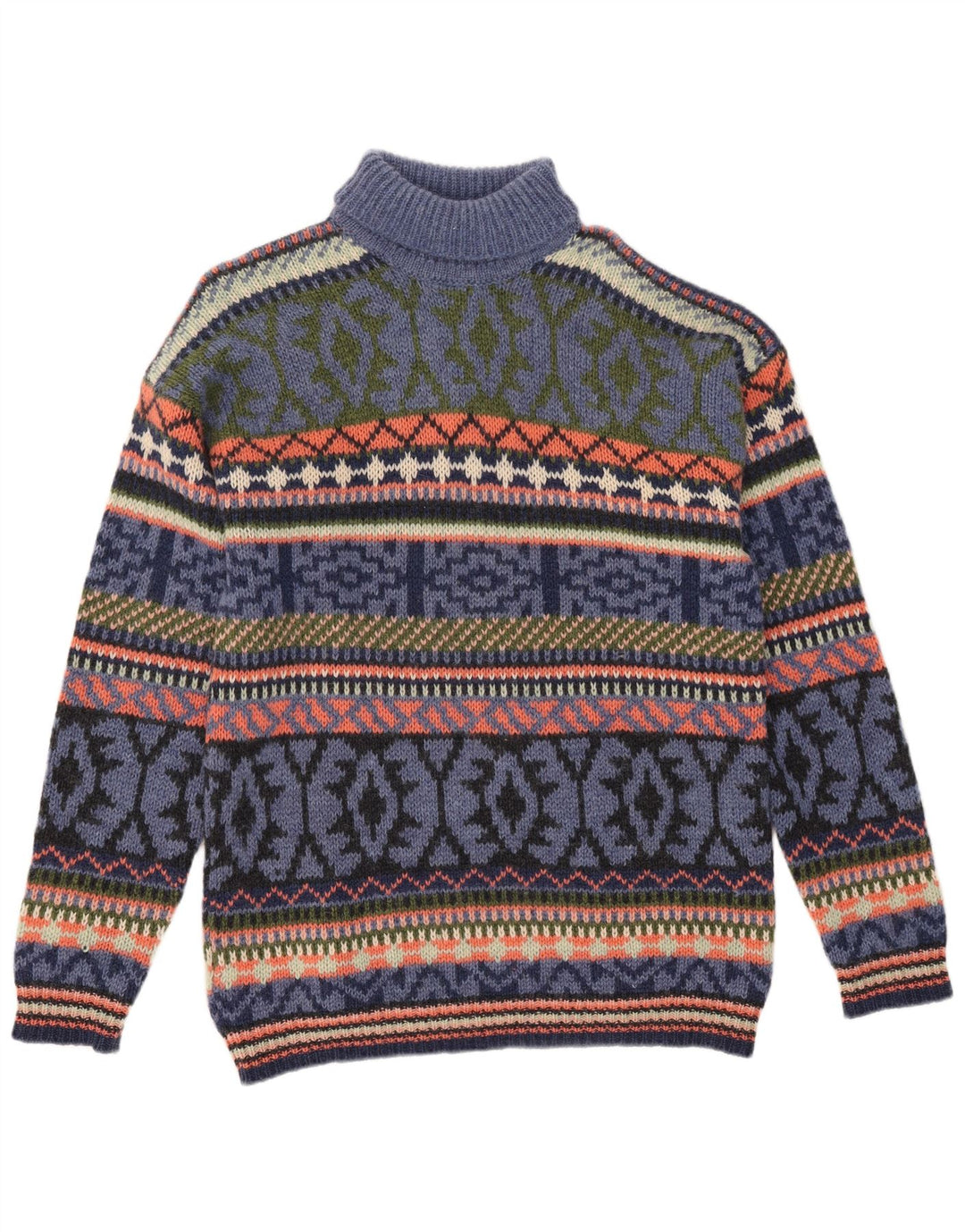 Męski sweter z wywijanym dekoltem S. Moritz, duży, niebieski, wełna Fair Isle