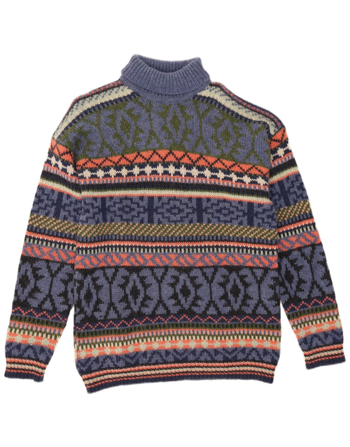 Męski sweter z wywijanym dekoltem S. Moritz, duży, niebieski, wełna Fair Isle