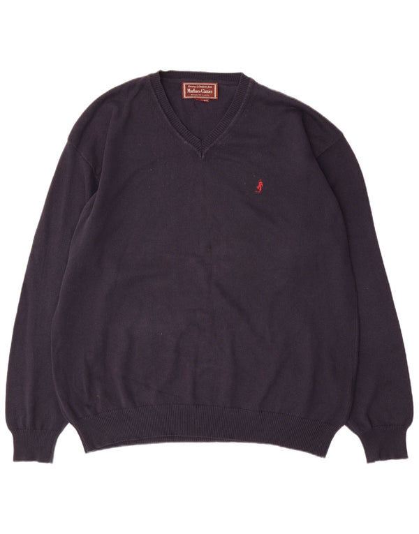 Marlboro Classics Męski sweter z dekoltem w kształcie litery V, 3XL, granatowy, bawełniany