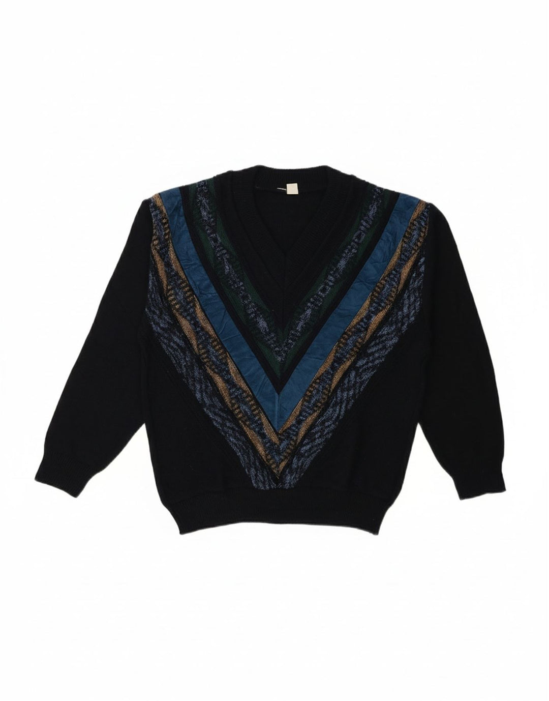 VINTAGE Mens V-Neck Jumper Sweater IT 48 Medium Navy Blue Chevron