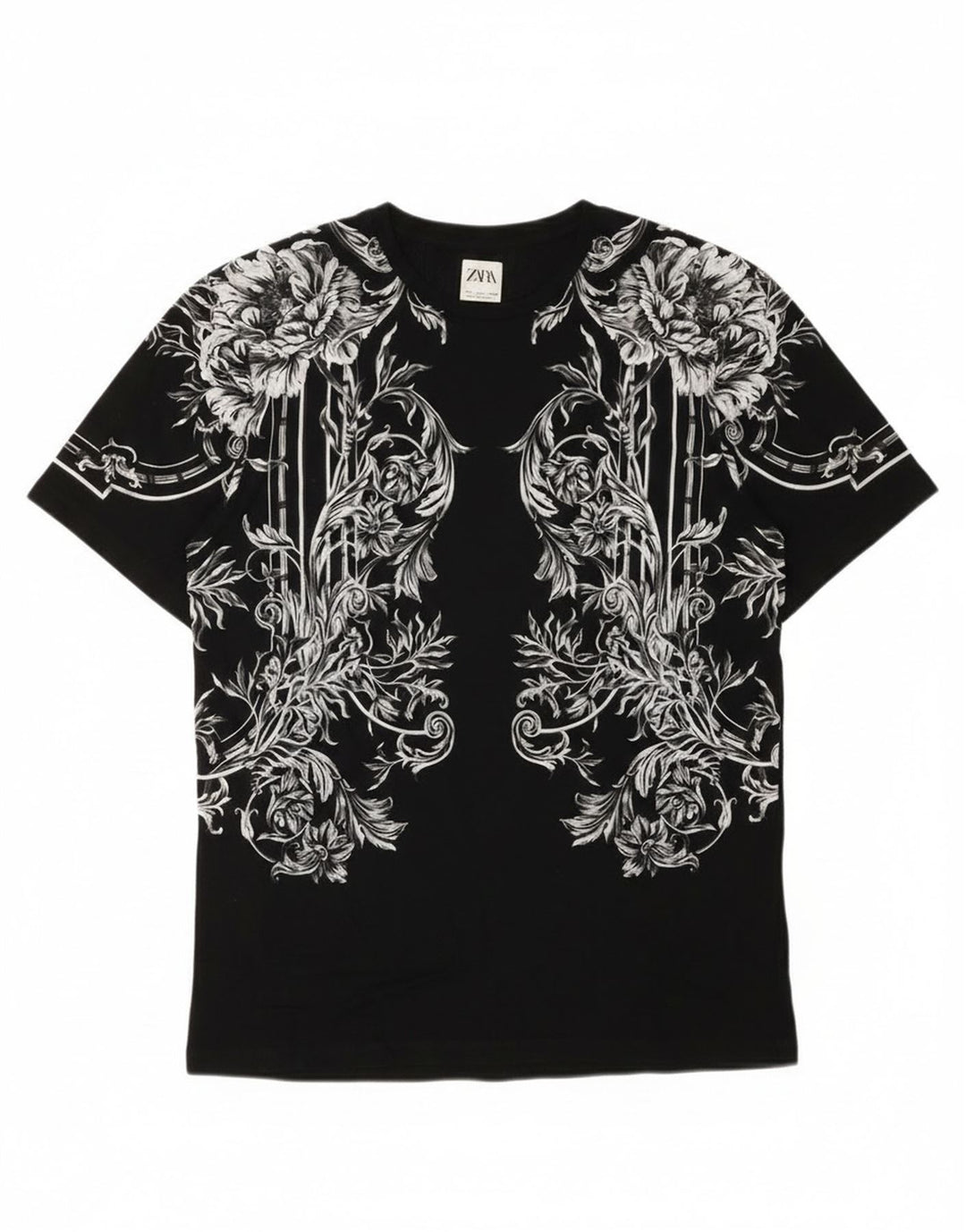 Męski T-shirt z grafiką Zara, duży, czarny w kwiaty