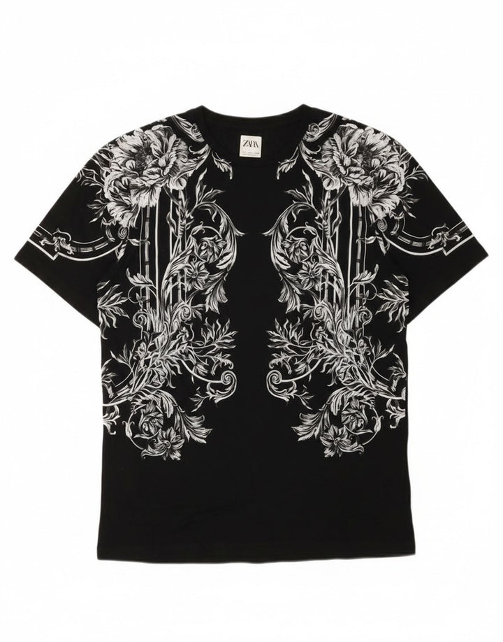 Męski T-shirt z grafiką Zara, duży, czarny w kwiaty