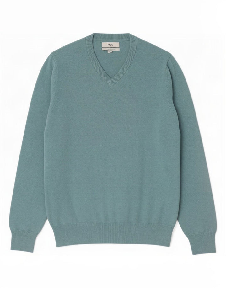 Marks & Spencer Męski sweter z dekoltem w kształcie litery V, średnioniebieski, bawełniany