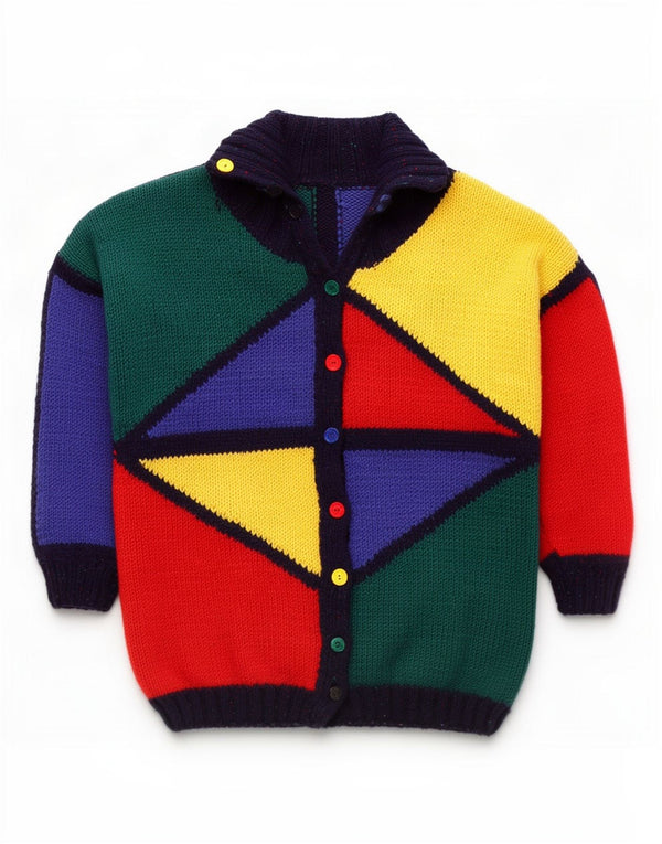 Vintage damski sweter rozpinany o przedłużonym fasonie UK 20 2XL wielokolorowy geometryczny