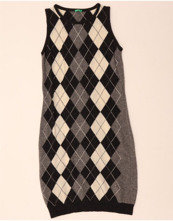 BENETTON Womens Sleeveless Jumper Dress UK 12 Medium Grey Argyle/Diamond