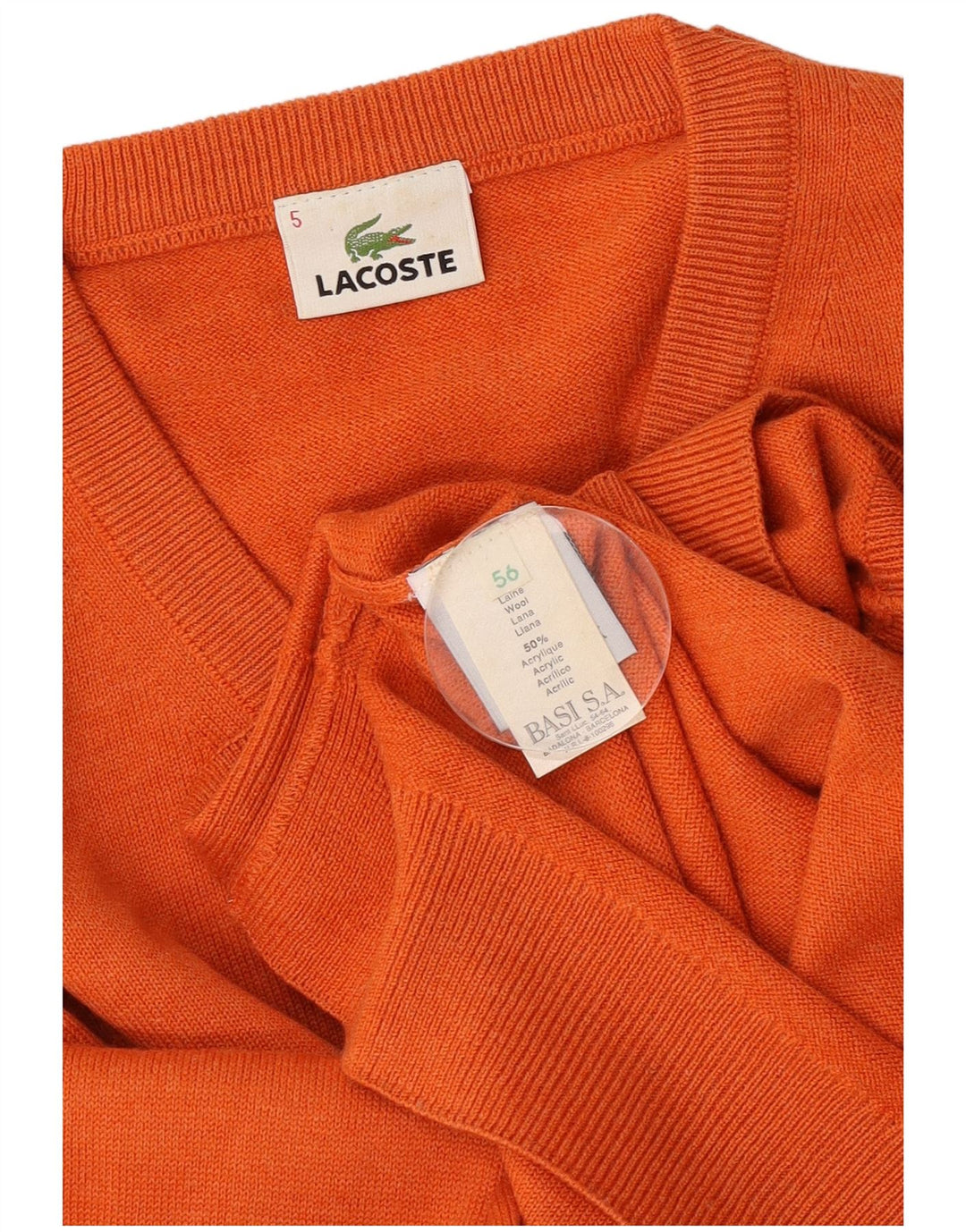 Lacoste Męski sweter z dekoltem w kształcie litery V, rozmiar 6, duży, pomarańczowy, wełniany