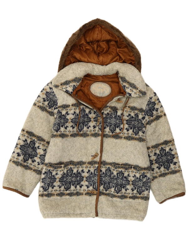Vintage damski płaszcz z kapturem ze sztucznego futra UK 14 średnio szary Fair Isle