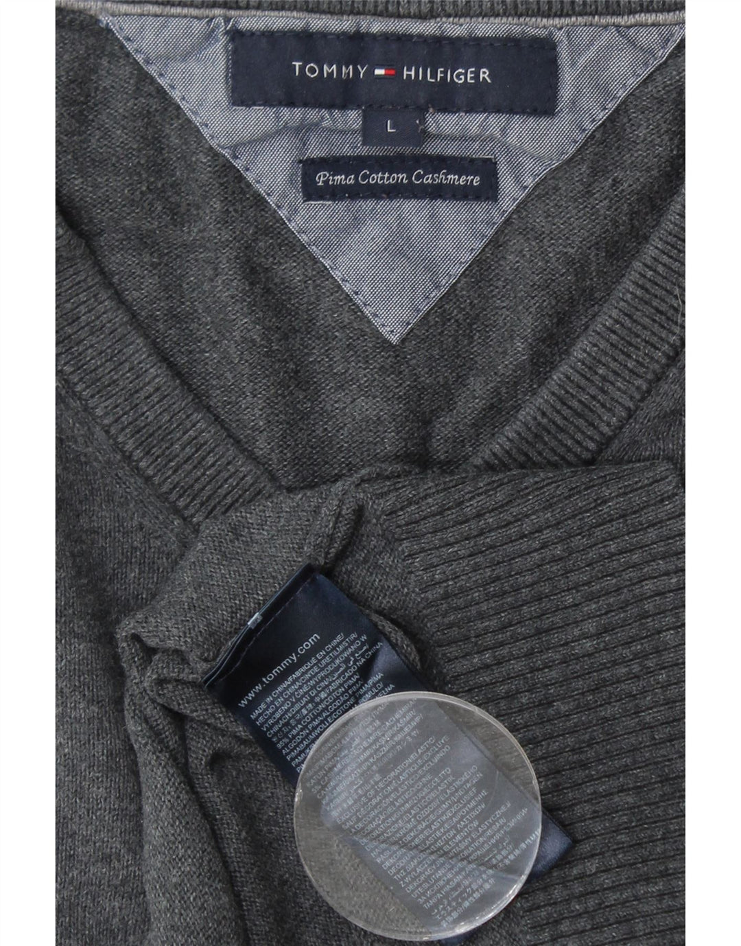 Męski sweter TOMMY HILFIGER z dekoltem w kształcie litery V, duży, szary, bawełniany