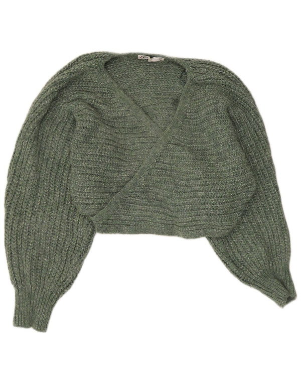 Sweter damski Zara Crop Wrap Cardigan UK 16, duży, zielony, nakrapiany akryl