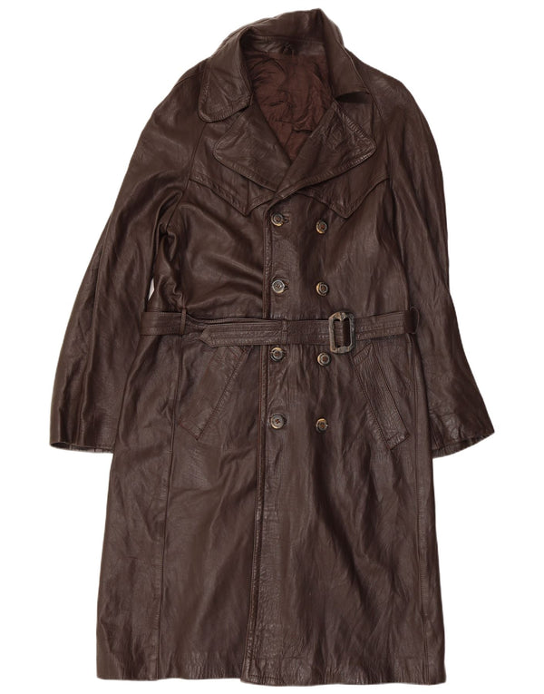 VINTAGE damski płaszcz skórzany z podwójnymi piersiami IT 52 2XL brązowa skóra