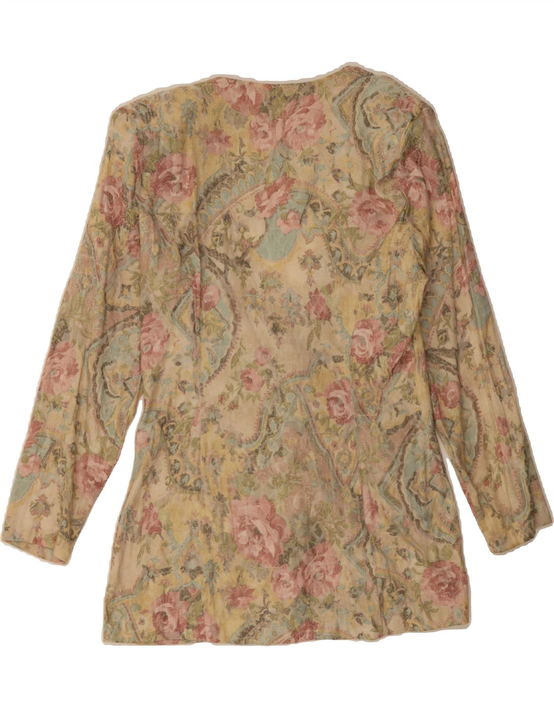VINTAGE Womens 3 Button Blazer Jacket UK 14 Medium Beige Floral Polyester Vintage Vintage and Second-Hand Vintage from Messina Hembry 
