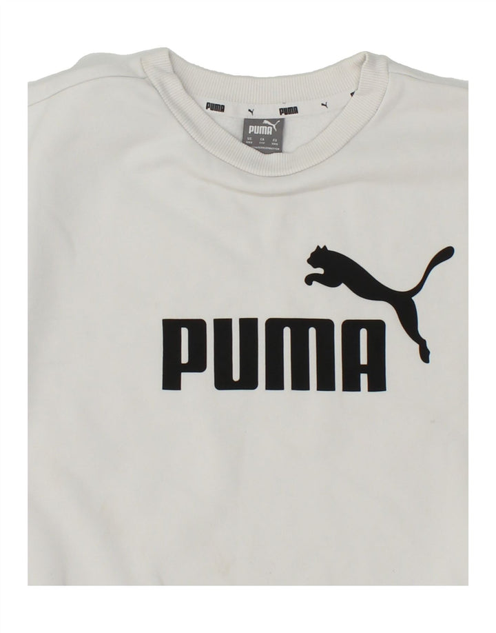 PUMA Womens Oversized Graphic Sweatshirt Jumper UK 2 2XS White Cotton Vintage Puma and Second-Hand Puma from Messina Hembry 