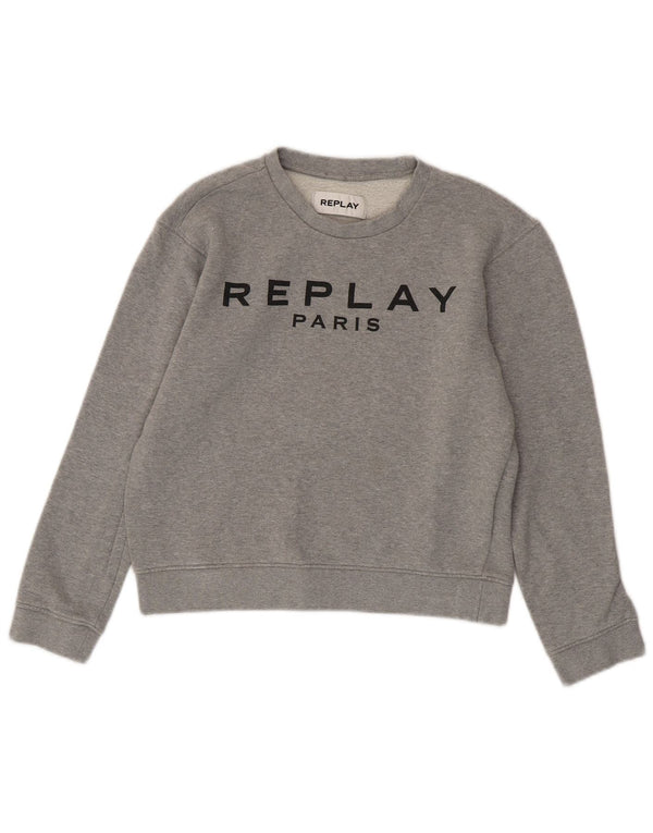 Damska bluza REPLAY Paris Crop Graphic Jumper UK 10, mała, szara bawełna