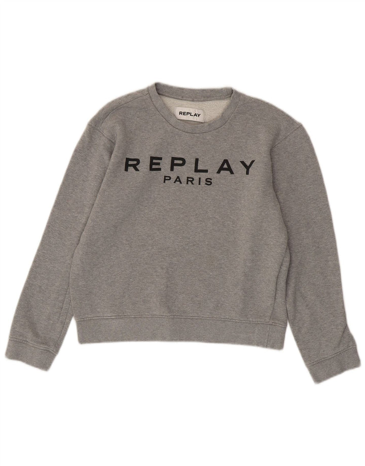 Damska bluza REPLAY Paris Crop Graphic Jumper UK 10, mała, szara bawełna