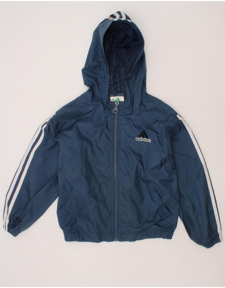 ADIDAS Boys Graphic Hooded Rain Jacket 5-6 Years Medium  Navy Blue Nylon Vintage Adidas and Second-Hand Adidas from Messina Hembry 