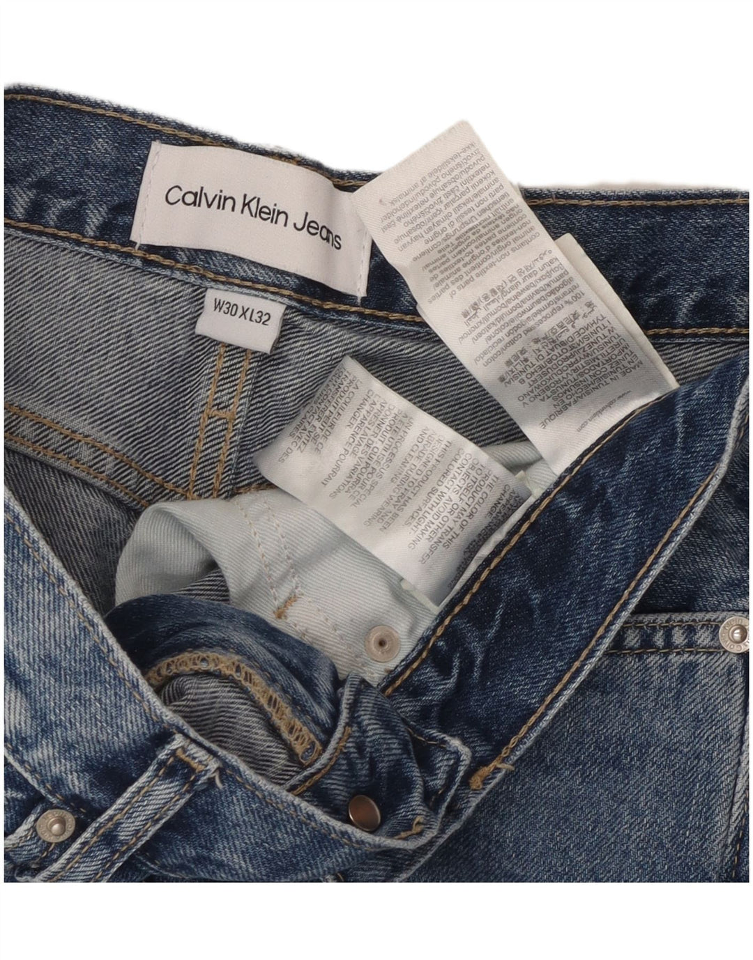 CALVIN KLEIN Damskie proste dżinsy z wysokim stanem i przetarciami W30 L32 Niebieskie
