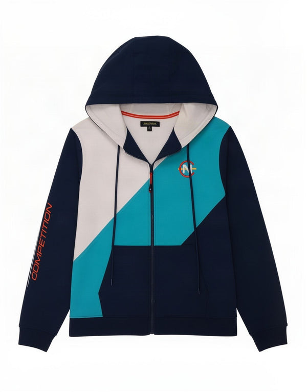Nautica Mens Graphic Zip Hoodie Sweater Medium Navy Blue Colourblock Cotton
