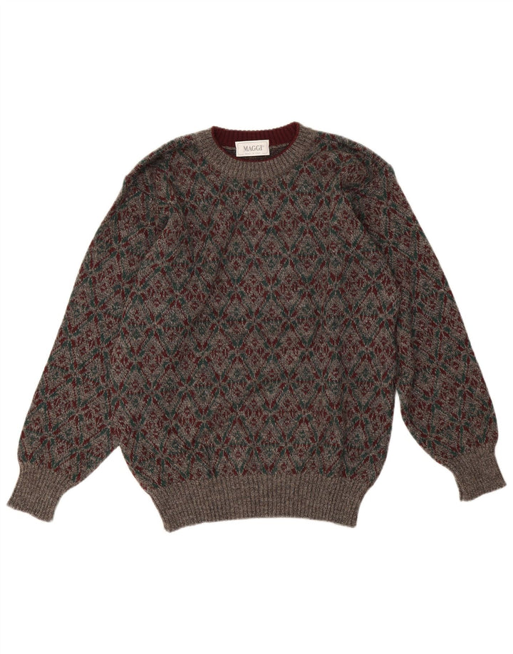 Vintage męski sweter z okrągłym dekoltem, średnioszary, geometryczny wełniany