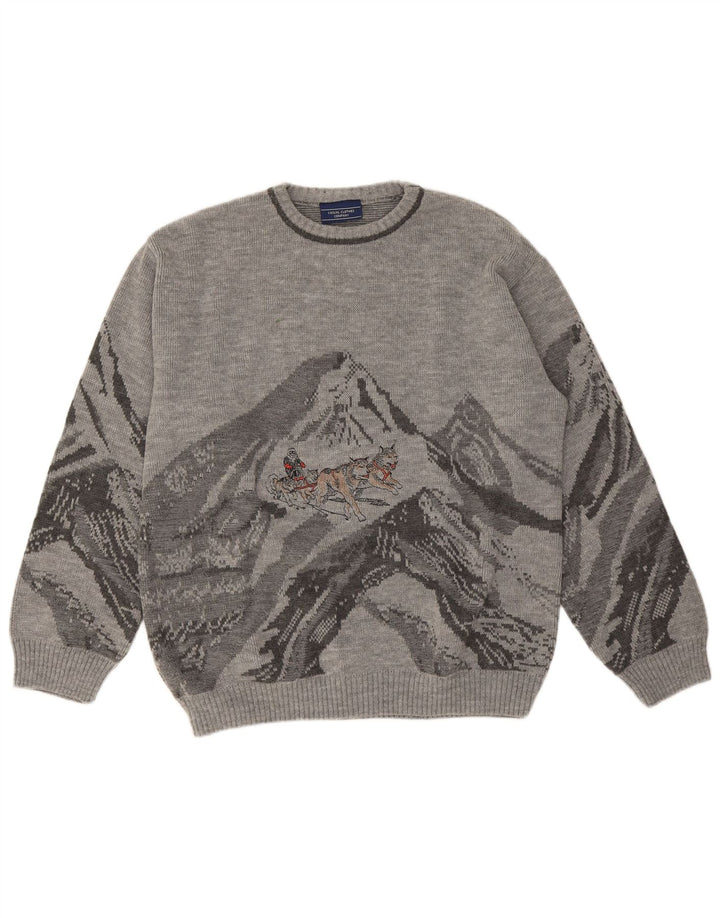 Męski sweter w stylu vintage z wycięciem pod szyją, duży, szary, poliakrylowy