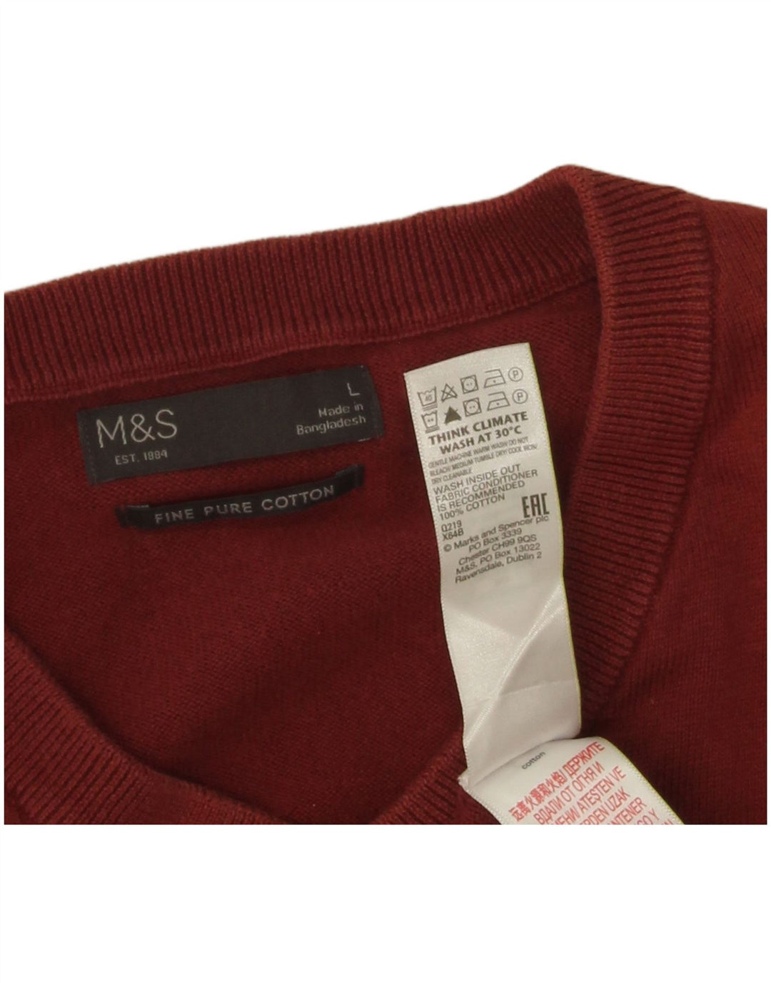 Marks & Spencer Męski sweter z dekoltem w kształcie litery V, duży, bordowy, bawełniany