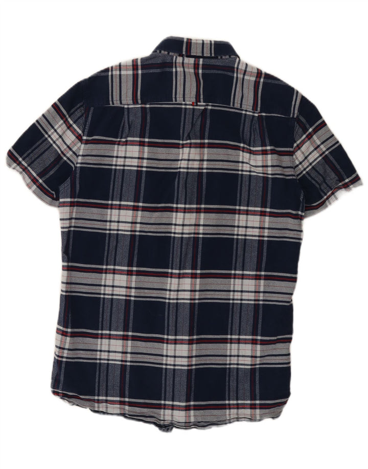 Męska koszula flanelowa Superdry z krótkim rękawem, bawełniana w średnią granatową kratkę