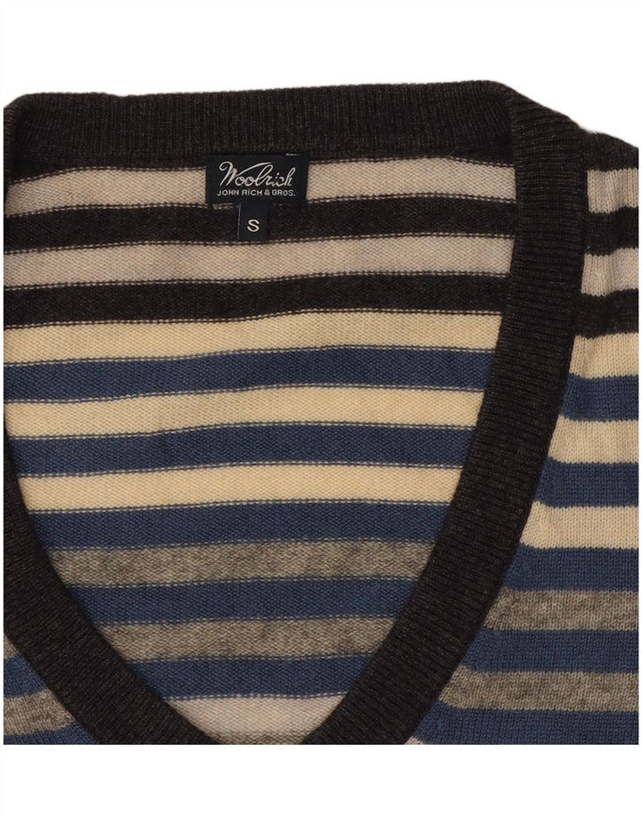 WOOLRICH Womens V-Neck Jumper Sweater UK 10 Small Grey Striped Wool
