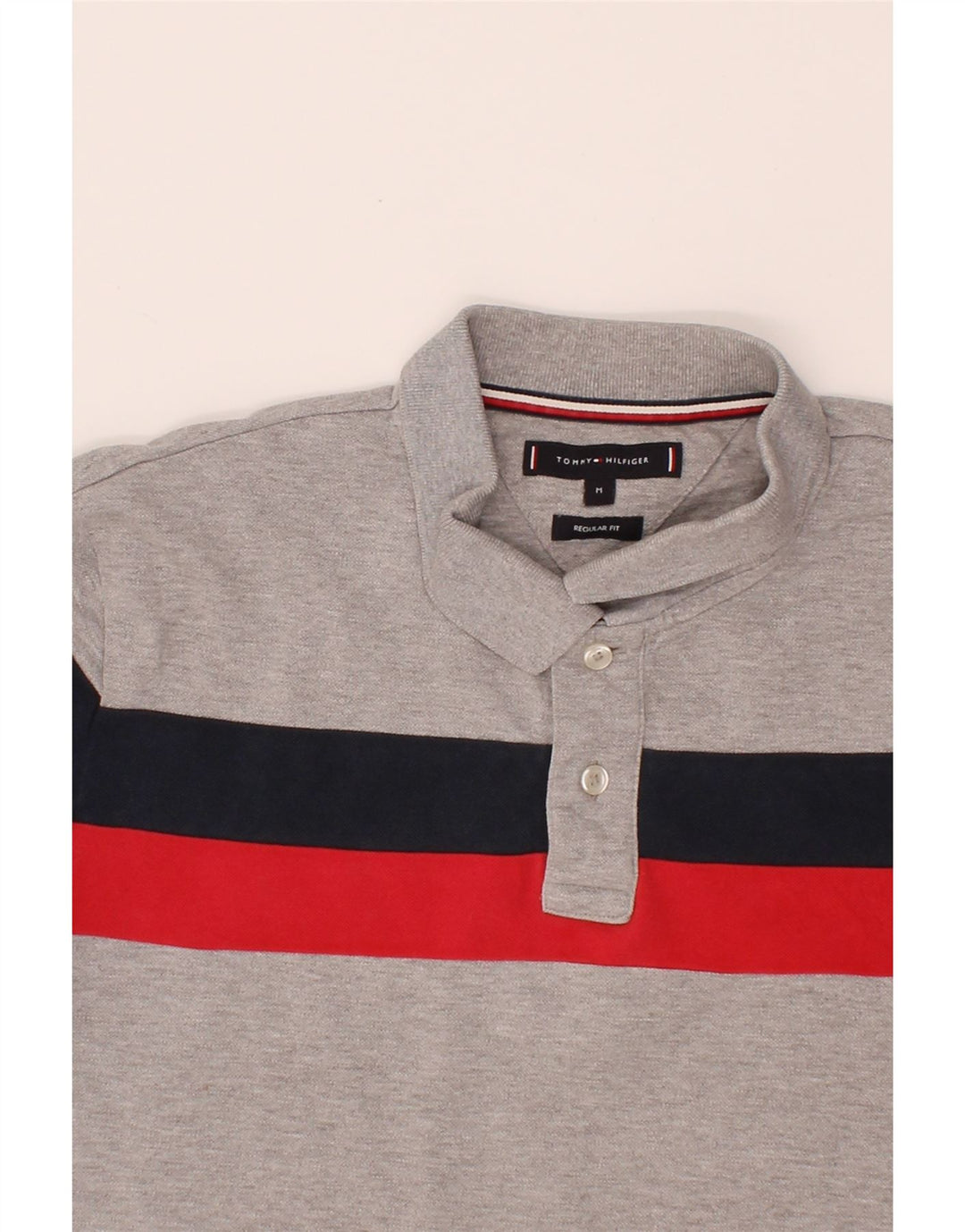 TOMMY HILFIGER Mens Regular Fit Polo Shirt Medium Grey Striped Cotton Vintage Tommy Hilfiger and Second-Hand Tommy Hilfiger from Messina Hembry 
