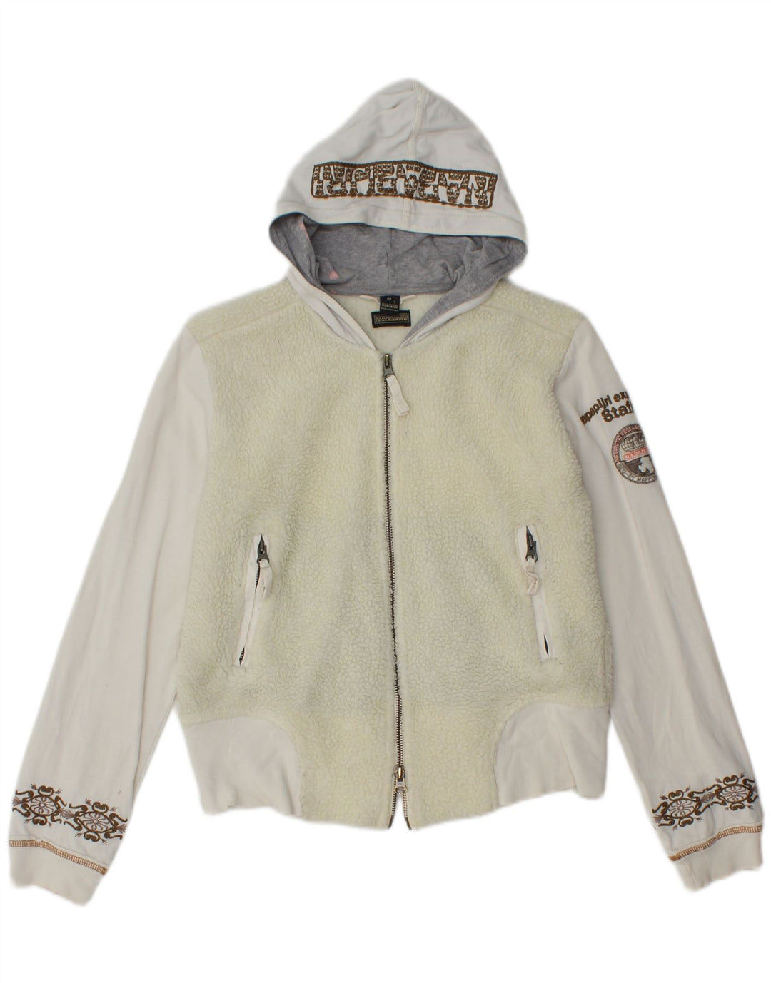 NAPAPIJRI Womens Graphic Fleece Jacket UK 14 Medium White Colourblock Vintage Napapijri and Second-Hand Napapijri from Messina Hembry 