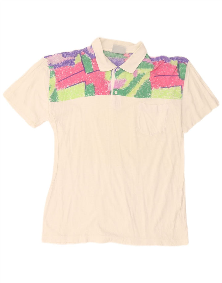 Męska koszulka polo w stylu vintage, średnia biała geometryczna