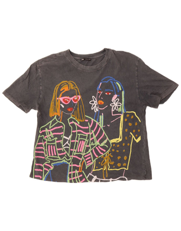 Damska koszulka oversize z grafiką Zara Top UK 10, mała, szara bawełna