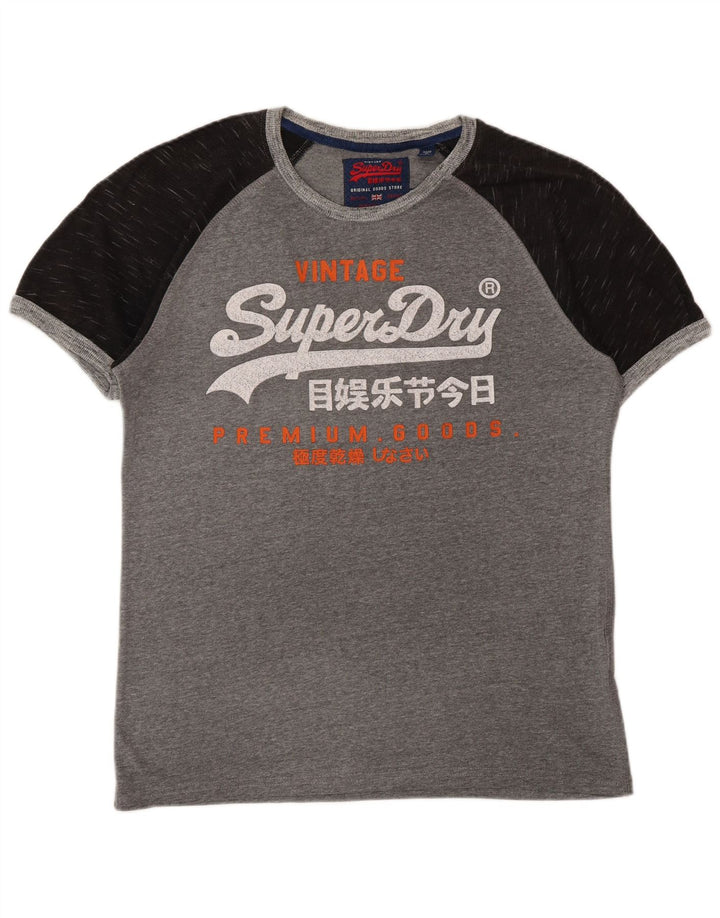 SUPERDRY Męski T-shirt z grafiką, duży, szary, bawełniany z blokami kolorów