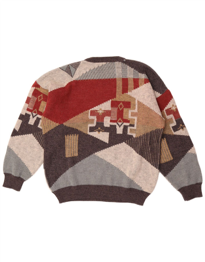Vintage męski sweter z wycięciem pod szyją, duży, wielokolorowy, geometryczny