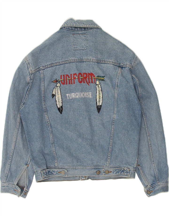 UNIFORM Womens Graphic Denim Jacket UK 40 Large Blue | Vintage Uniform | Thrift | Second-Hand Uniform | Used Clothing | Messina Hembry 