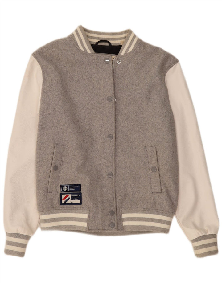 SUPERDRY Damska kurtka typu oversize Varsity UK 10, mała, szara, z blokami kolorów