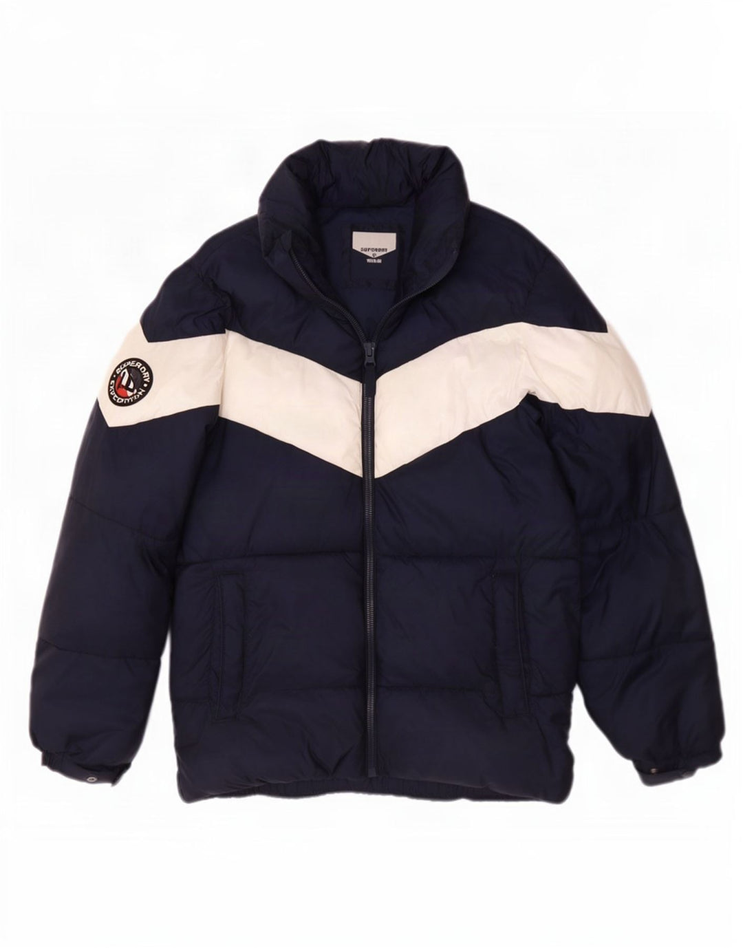 Męska ocieplana kurtka Superdry UK 36, mała, granatowa, z poliestru w blokach kolorów