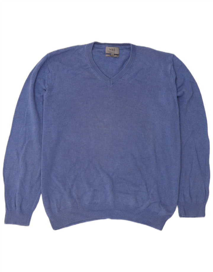 Marks & Spencer Męski sweter z dekoltem w kształcie litery V, XL, niebieski, bawełniany