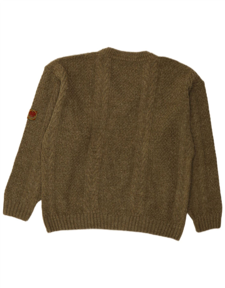 Męski sweter w stylu vintage z dekoltem w szpic, średni akryl w kolorze khaki