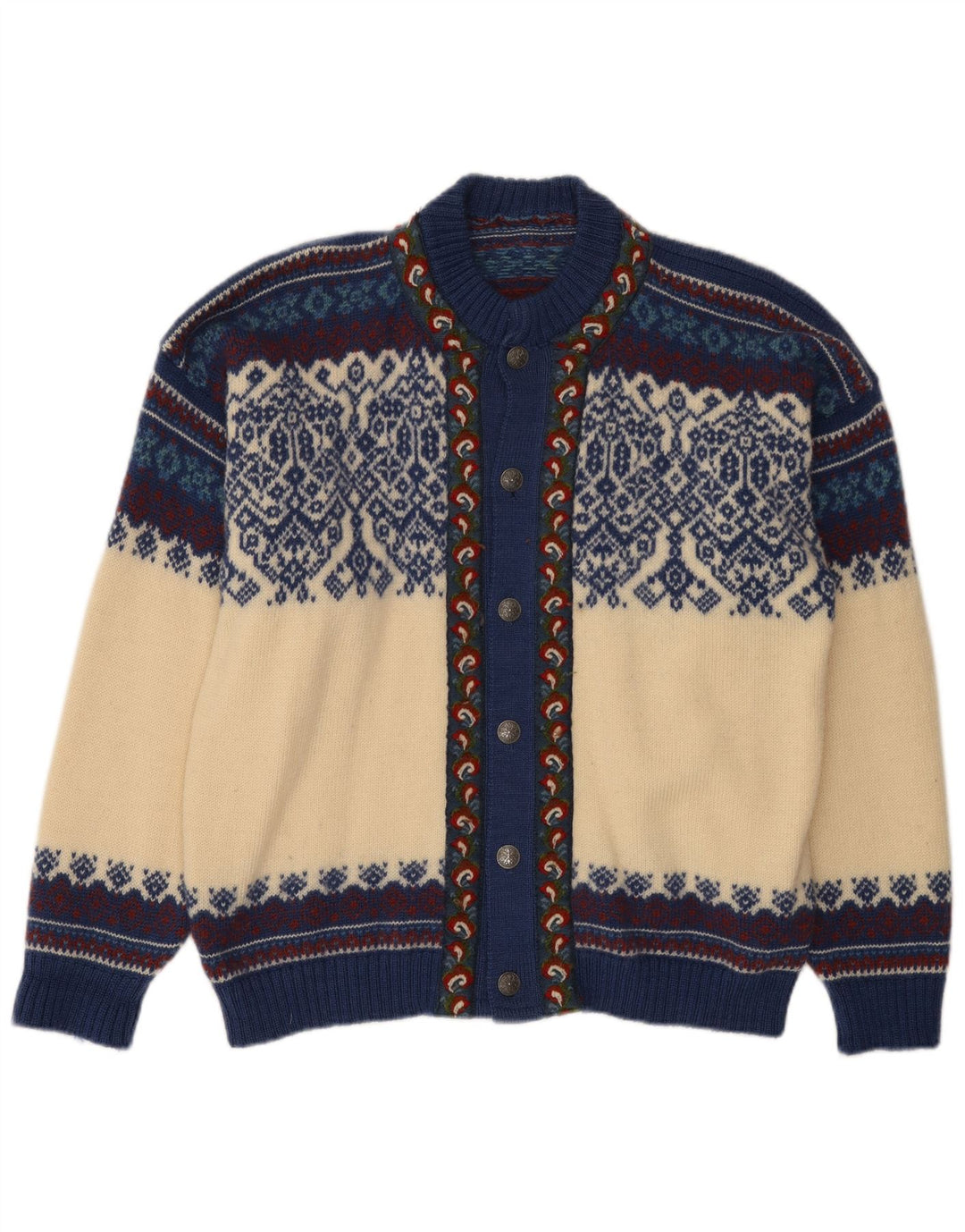 Vintage męski sweter rozpinany, duży, w kolorze złamanej bieli, Fair Isle