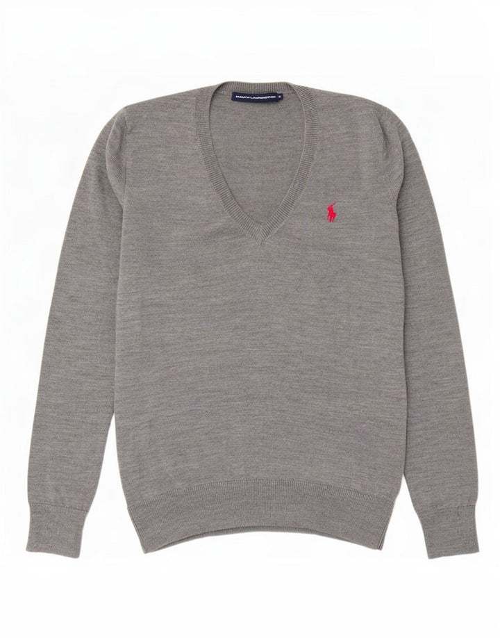 Damski sweter z dekoltem w kształcie litery V, Ralph Lauren, UK 14, średni szary, wełniany