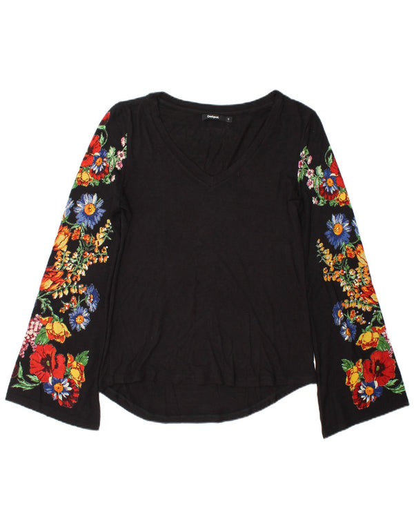 Desigual damski top z długim rękawem UK 10, mały, czarny w kwiaty