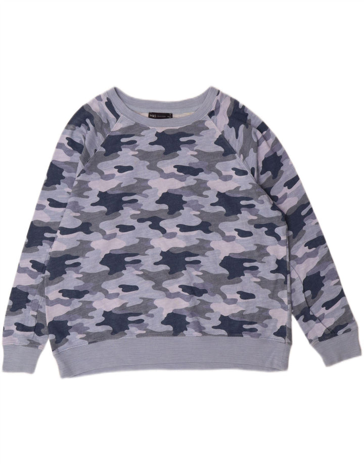 MARKS & SPENCER Womens Crop Sweatshirt Jumper UK 16 Large  Blue Camouflage Vintage Marks & Spencer and Second-Hand Marks & Spencer from Messina Hembry 