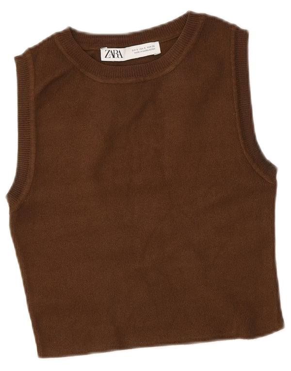 Zara Womens Crop Vest Tank Top UK 8 Small Brown Viscose