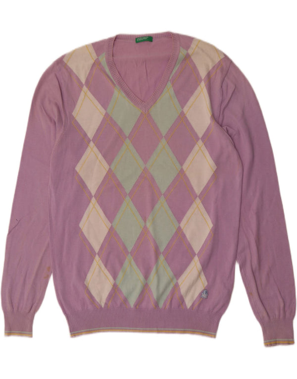 Męski sweter Benetton z dekoltem w kształcie litery V, średni fiolet, tkanina argyle/diamentowa bawełna
