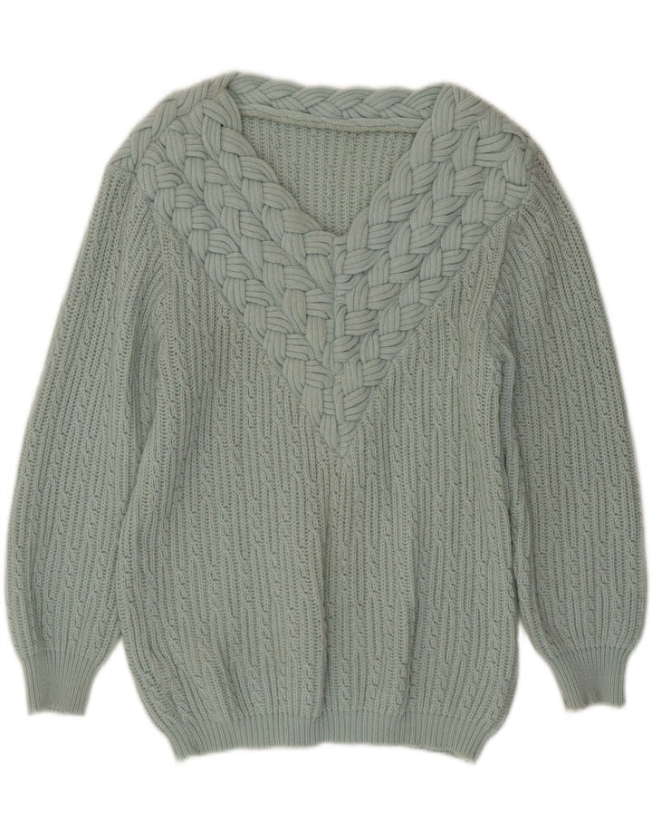 VINTAGE Womens V-Neck Jumper Sweater UK 12 Medium Turquoise Wool