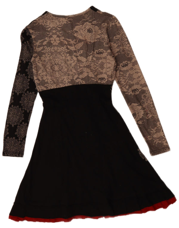 Desigual damska graficzna sukienka o linii A z długim rękawem UK 10, mała, czarna w kwiaty