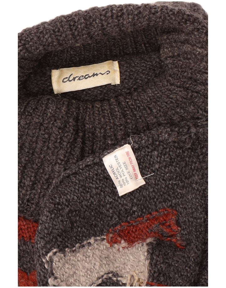 Vintage męski sweter z wywijanym dekoltem, jeden rozmiar, szary, geometryczny akryl